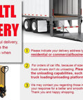 LTL delivery instructions with a pallet jack and crate near a truck ramp.