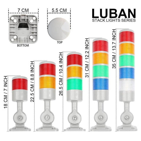 Industrial Signal Tower Stack Light Luban With Rotatable Base Three Layer 110V To 220V AC shown in multiple sizes and colors