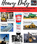 LubeTube 4oz - Multipurpose Synthetic Grease for Pool Equipment, Plumbing Fixtures, RV Toilets, Marine Systems, Machinery & Household Use - PFAS-Free, Food-Grade, Ceramic-Enhanced - Made in USA shown with industrial applications like construction and mining.