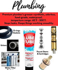 LubeTube 4oz - Multipurpose Synthetic Grease for Pool Equipment, Plumbing Fixtures, RV Toilets, Marine Systems, Machine & Home Use - PFAS-Free, Food-Grade, Ceramic-Enhanced - Made in USA, shown with O-rings and plumbing parts.