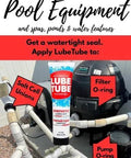 LubeTube 4oz - Multipurpose Synthetic Grease for Pool Equipment, Plumbing Fixtures, RV Toilets, Marine Systems, Machinery & Household Use - PFAS-Free, Food-Grade, Ceramic-Enhanced - Made in USA bottle near pool filter and pipes.