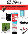 LubeTube 4oz Multipurpose Synthetic Grease for household use with images of tools and applications like windows, hinges, car maintenance.