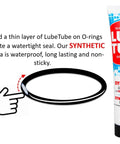 Front view of LubeTube 4oz tube alongside an O-ring, highlighting its use for waterproof seals on pool equipment and plumbing.