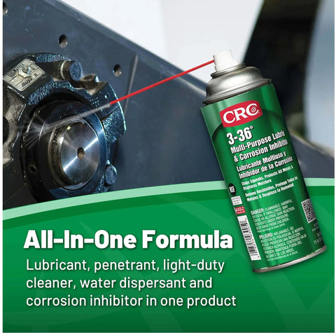 Multipurpose Lubricant And Corrosion Inhibitor Spray for Metal Equipment and Tools, 11 oz, CRC 3-36 can and metal surface