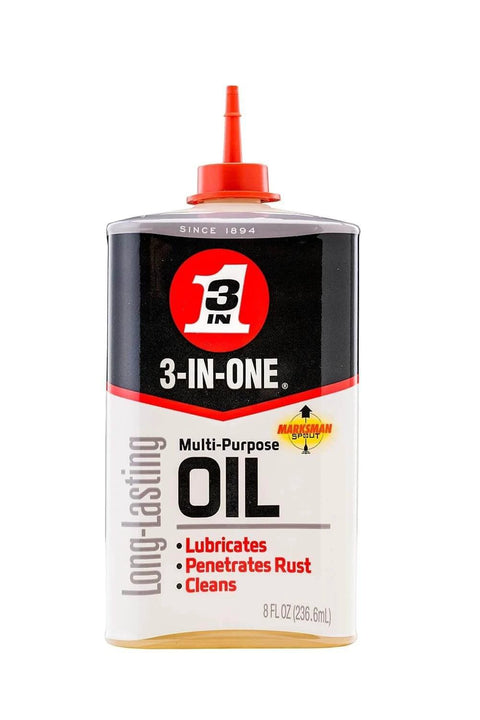 Front view of 3-IN-ONE Multi-Purpose Oil, 8 OZ squeeze bottle with red twist spout, labeled as long-lasting lubricant and rust inhibitor.