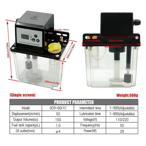 No-Fuss Automatic Lubrication Pump System with 1L or 2L tank, AC110V or 220V power, single display, electromagnetic output 6mm
