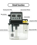 Close-up of No-Fuss Automatic Lubrication Pump System with single display, 1L tank, and detail functions labeled for industrial machinery.
