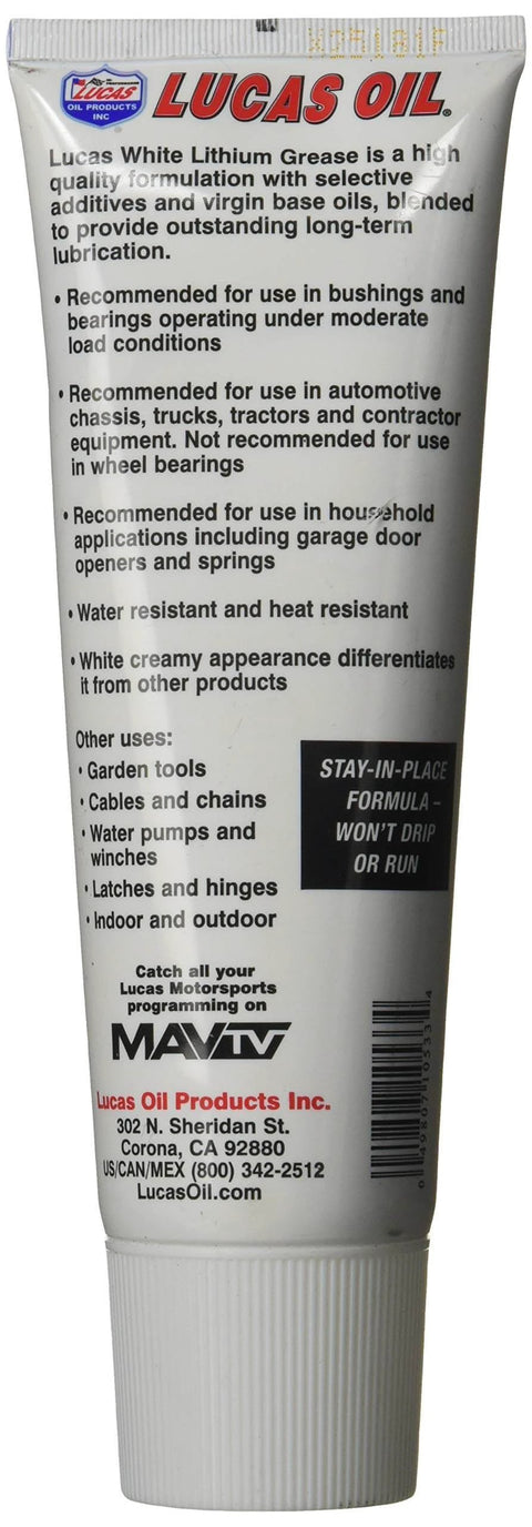 Lucas Oil 10533 White Lithium Grease - 8 oz. Squeeze Tube with product information on reverse side