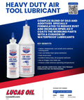 Lucas Oil Heavy Duty Air Tool Lubricant 1 Quart Bottle with key benefits and product details for pneumatic tools