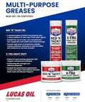 Lucas Oil 14.5 Ounce 10301 Heavy Duty Grease, 14.5 oz, Green canisters with product details and other multi-purpose greases shown.