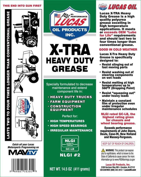 Packaging of Lucas Oil 14.5 Ounce 10301 Heavy Duty Grease, 14.5 oz, Green, highlighting product features and usage information.