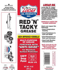 Lucas Oil 10005 Red 'N' Tacky Grease - 14 Ounce packaging with product details and usage illustrations