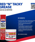 Lucas Oil 10005 Red 'N' Tacky Grease - 14 Ounce tube and tub, with product benefits and features displayed on package.