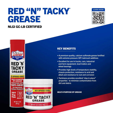 Lucas Oil 10005 Red 'N' Tacky Grease - 14 Ounce tube and tub, with product benefits and features displayed on package.