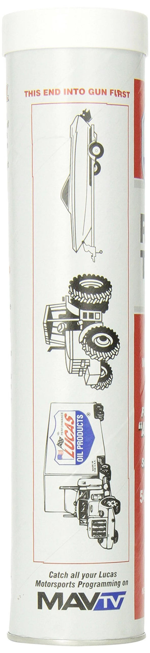 Side view of Lucas Oil 10005 Red 'N' Tacky Grease - 14 Ounce tube, showing installation instructions and product benefits.