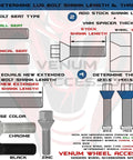 Diagram illustrating how to determine lug bolt shank length and thread pitch, featuring ball and conical seat types, with chrome and black zinc options.