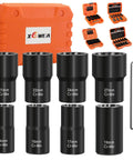 Nine Piece Lug Nut Extractor Set With One Half Inch Drive Bolt Remover Sockets For Damaged Rusted Rounded Off Bolts And Wheel Lock Removal Easy Out Extractor Set For Impact Tools A Solid Fathers Day Gift featuring orange case and sockets.