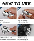 Instructional image showing how to use a quick-release tool, including steps for pressing buttons and adjusting settings.
