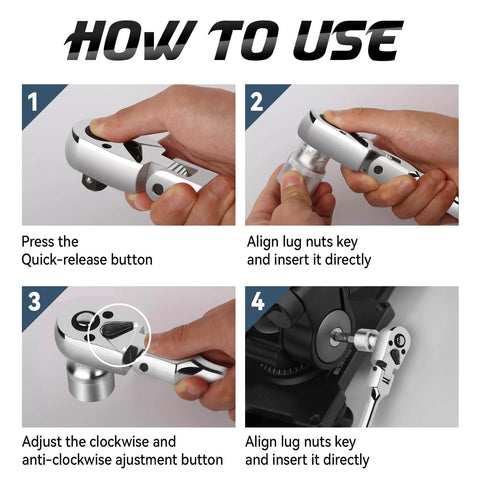 Instructional image showing how to use a quick-release tool, including steps for pressing buttons and adjusting settings.