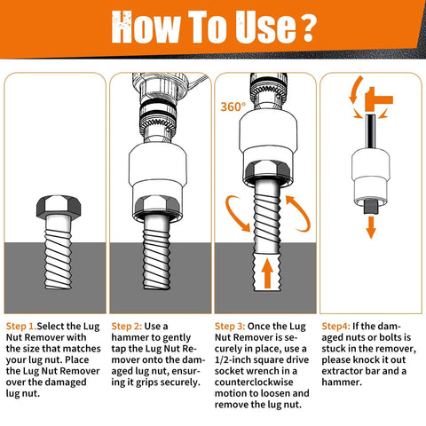 Illustration of using a Wheel Lock Removal Kit 10 Piece Lug Nut Remover Set With Half Inch Drive Impact Sockets For Removing Damaged Nuts