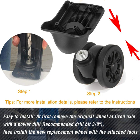 Luggage Replacement Wheels Set with 2 Wear Resistant Suitcase Wheels Made from TPE; Installation steps for wheel replacement.
