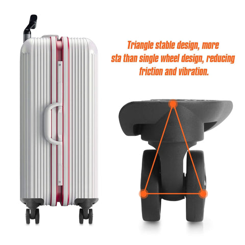 2 Pcs Luggage Replacement Wheels Model A208 shown on suitcase, featuring triangle stable design for reduced friction.