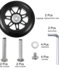Replacement Luggage Wheels 90x24mm Suitcase Repair Kit with PU Bearing Wheels, 2 wheels, axle screws, washers, wrenches laid out.