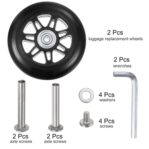 Replacement Luggage Wheels 90x24mm Suitcase Repair Kit with PU Bearing Wheels, 2 wheels, axle screws, washers, wrenches laid out.