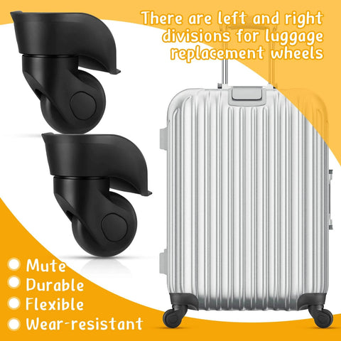 4 Pcs Large Luggage Wheels Replacement Kit with Left and Right Swivel Casters Featuring Mute Bearings Black Finish for Suitcase Repair