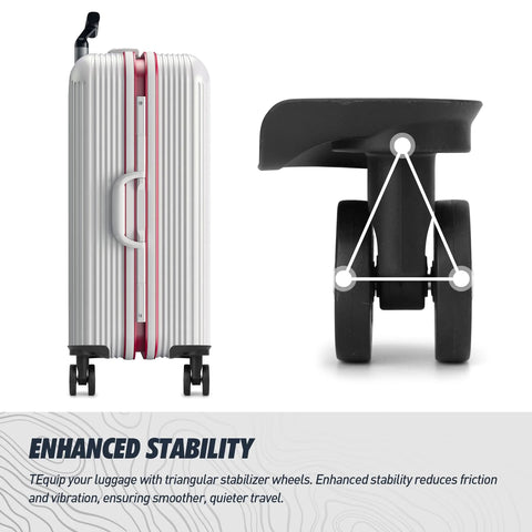 Replacement Luggage Swivel Caster Wheels Pair With 360 Degree Rubber Trolley Wheel Kit For Suitcases Repair And Travel Durable And Load Bearing With Premium PVC Rubber Metal Construction For Heavy Luggage And Smooth Quiet Rolling DL130, side view of luggage with stabilizer wheel detail