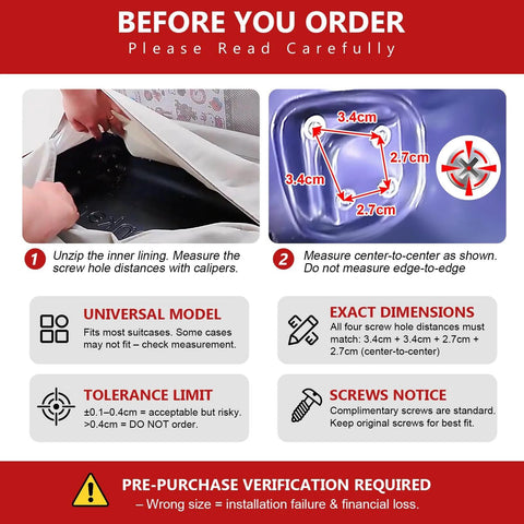 Instructions for verifying dimensions and installation before using 1 Pair Luggage Suitcase Wheels, Trunk Wheels.
