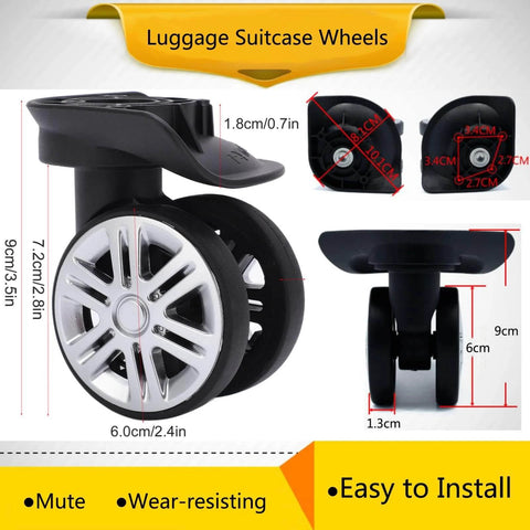 1 Pair Luggage Suitcase Wheels, Trunk Wheels close-up view of mute double row wheel with measurements, easy to install.