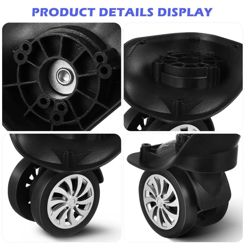 Close-up view of the 4 Piece Universal Luggage Wheels Replacement Kit For Suitcases, 360 Degree Silent Swivel Casters, Easy Install Rubber Rollers For Travel Bags, Trolley Wheels, Precise Fit Verified By Wheel Diameter And Mounting Hole Distance showing the wheel details and mounting holes.