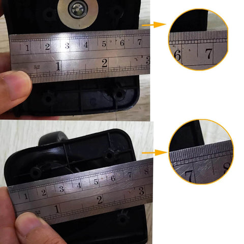 Replacement Luggage Wheel Repair Set with Spinner Casters Model W044 shown with measurements for accurate installation.