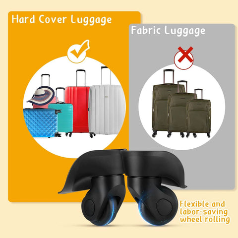 4 Pcs Large Luggage Wheels Replacement Kit with Left and Right Swivel Casters featuring mute bearings, shown with fabric luggage comparison.