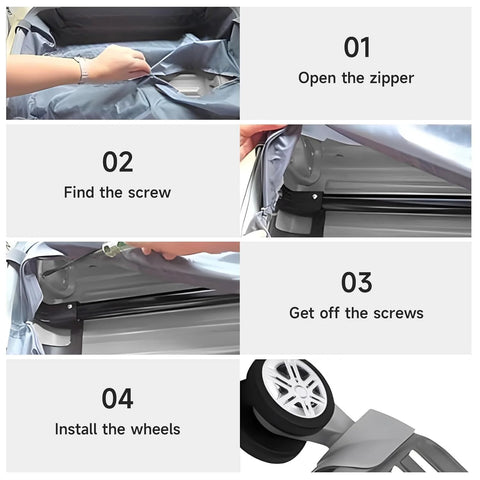 Step-by-step guide for installing 2 pcs replacement luggage wheels for most suitcases durable plastic 360 degree spinner wheels.