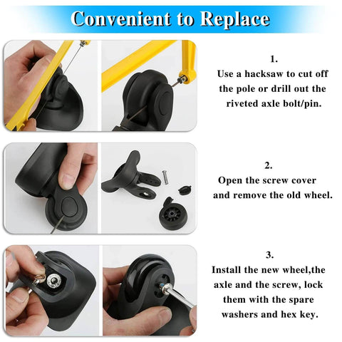 Step-by-step guide to replacing 70mm x 24mm Single Luggage Wheels Replacements Kit, featuring removal and installation of swivel wheel.