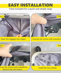 Installation steps for Luggage Wheels Replacement Kit with 4 Wear Resistant Spinner Casters Model H149 for suitcase repair.