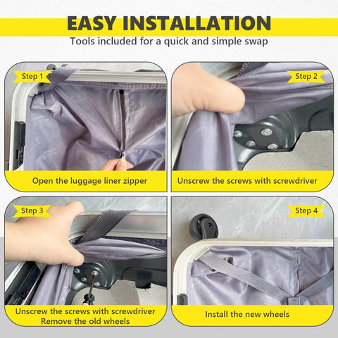 Installation steps for Luggage Wheels Replacement Kit with 4 Wear Resistant Spinner Casters Model H149 for suitcase repair.