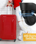 4 Pcs Large Luggage Wheels Replacement Kit with Left and Right Swivel Casters Featuring Mute Bearings Black Finish alongside red suitcase.