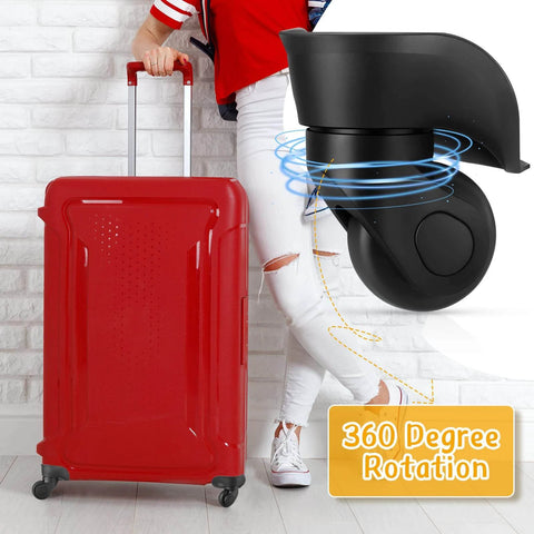4 Pcs Large Luggage Wheels Replacement Kit with Left and Right Swivel Casters Featuring Mute Bearings Black Finish alongside red suitcase.