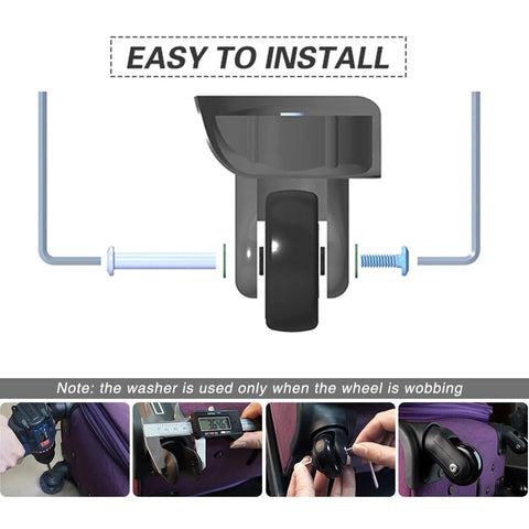 Diagram showing installation of 50mm Luggage Wheel Replacement Kit With Precision Ball Bearings 4 Pcs Swivel Caster Wheels For Suitcase Travel Upgrade Includes Drill Bit And Easy Install For Durable Luggage Replacement Parts Built To Extend Luggage Life And Improve Mobility with close-up installation steps