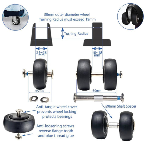Eight Pack Luggage Wheels Replacement Set Compatible With Most Suitcases Spinners Rolling Duffels And Carry Ons kit diagram