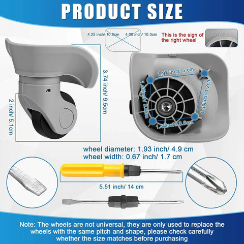 Product size illustration showing 4 Pcs Large Gray Luggage Wheels Replacement Kit with Left and Right Swivel Casters dimensions.