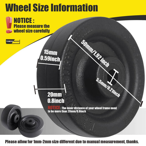 2 Inch Wear Resistant Mute Luggage Replacement Wheels Set with 4 Rubber Swivel Casters Measuring 49 x 18 mm Made from Durable PVC showing wheel size details.
