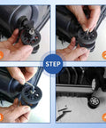 8 Pcs Luggage Wheels Replacement Kit with 2 Inch TPU Rubber Double Row Spinner Wheels shown during installation steps on a suitcase.