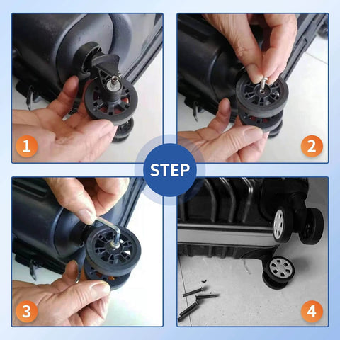 8 Pcs Luggage Wheels Replacement Kit with 2 Inch TPU Rubber Double Row Spinner Wheels shown during installation steps on a suitcase.