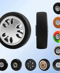 8 Pcs Luggage Wheels Replacement Kit with 2 Inch TPU Rubber Double Row Spinner Wheels showcasing various wheel designs.