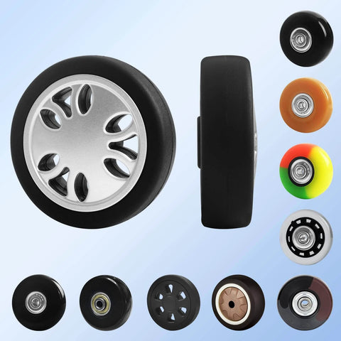 8 Pcs Luggage Wheels Replacement Kit with 2 Inch TPU Rubber Double Row Spinner Wheels showcasing various wheel designs.