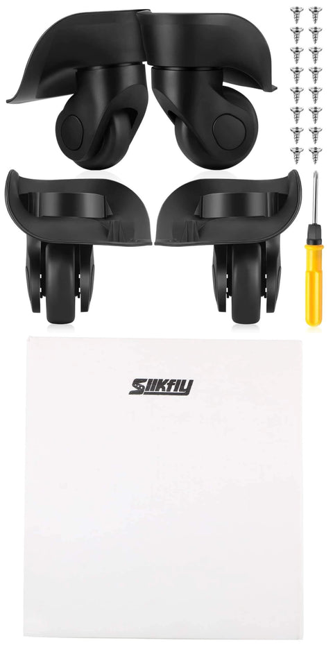 4 Pcs Large Luggage Wheels Replacement Kit with Left and Right Swivel Casters featuring mute bearings and screwdriver for suitcase repair.